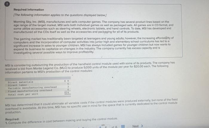 Required Information The Following Information Applies To The Questions Displayed Below Morning Sky Inc Msi Manuf 1