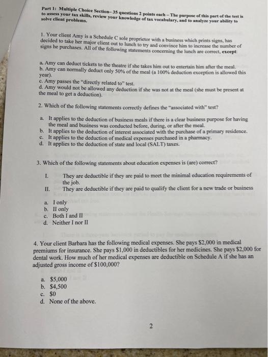 Part 1 Multiple Choice Section 35 Questions 2 Points Each The Purpose Of This Part Of The Test Is To Assess Your Tax Sk 1