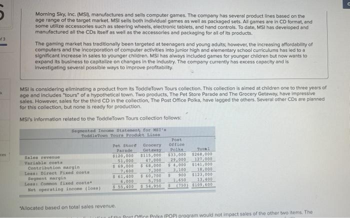 5 Morning Sky Inc Msi Manufactures And Sells Computer Games The Company Has Several Product Lines Based On The Age 1