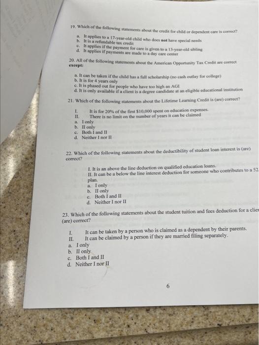 19 Which Of The Following Statements About The Credit For Child Or Dependent Care Is Correct A B It Applies To A 17 1
