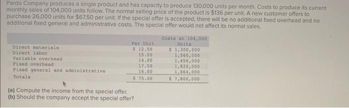 Pardo Company Produces A Single Product And Has Capacity To Produce 130 000 Units Per Month Costs To Produce Its Curren 1