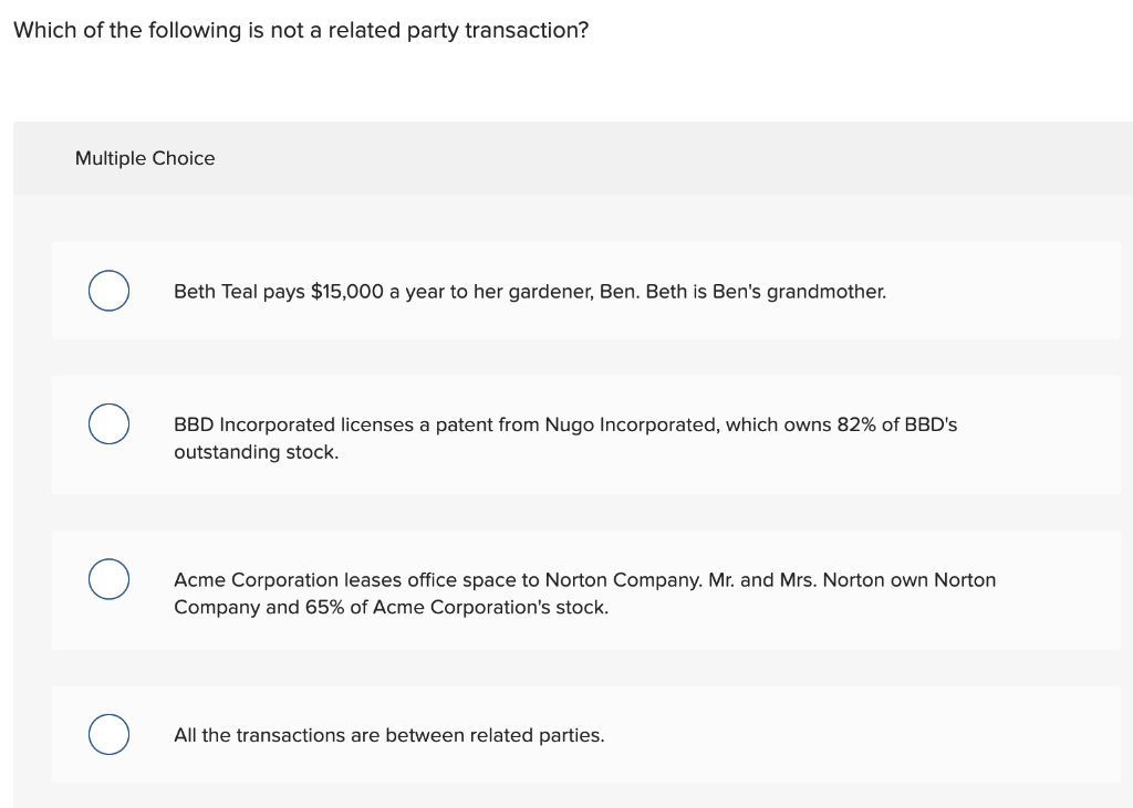 Which Of The Following Is Not A Related Party Transaction Multiple Choice O Beth Teal Pays 15 000 A Year To Her Garden 1
