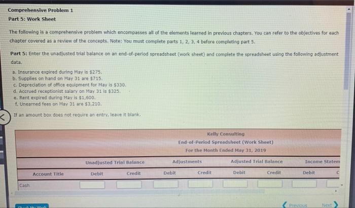 Comprehensive Problem 1 Part 5 Work Sheet The Following Is A Comprehensive Problem Which Encompasses All Of The Element 1