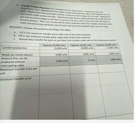 6 Transfer Pricing 10 Points Your Company Has Two Departments Department One And Department Two Department One Makes 1
