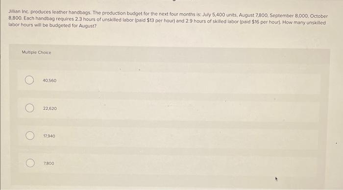Jillian Inc Produces Leather Handbags The Production Budget For The Next Four Months Is July 5 400 Units August 7 80 1