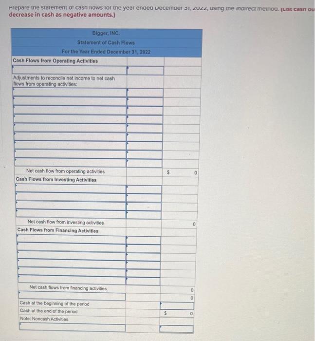 The Income Statement Balance Sheets And Additional Information For Bigger Inc Are Provided Below Bigger Inc Inco 3
