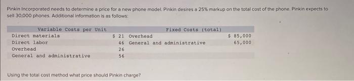Pinkin Incorporated Needs To Determine A Price For A New Phone Model Pinkin Desires A 25 Markup On The Total Cost Of T 1