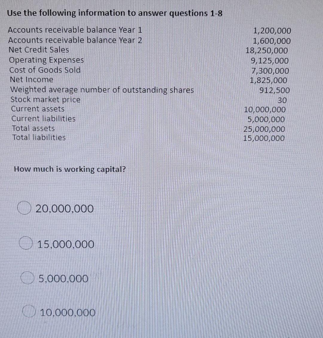 Use The Following Information To Answer Questions 1 8 Accounts Receivable Balance Year 1 Accounts Receivable Balance Yea 1
