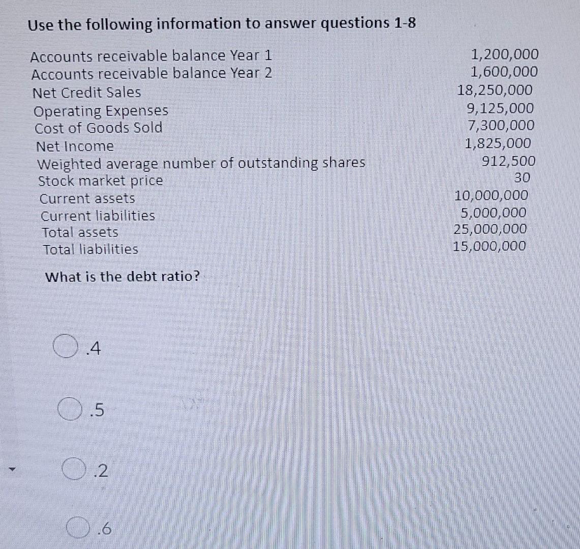 Use The Following Information To Answer Questions 1 8 Accounts Receivable Balance Year 1 Accounts Receivable Balance Yea 2