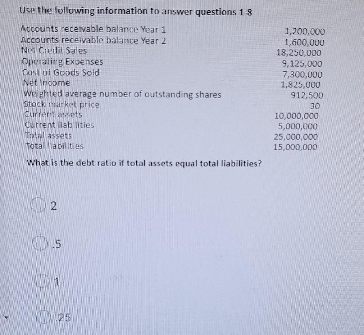 Use The Following Information To Answer Questions 1 8 Accounts Receivable Balance Year 1 Accounts Receivable Balance Yea 3