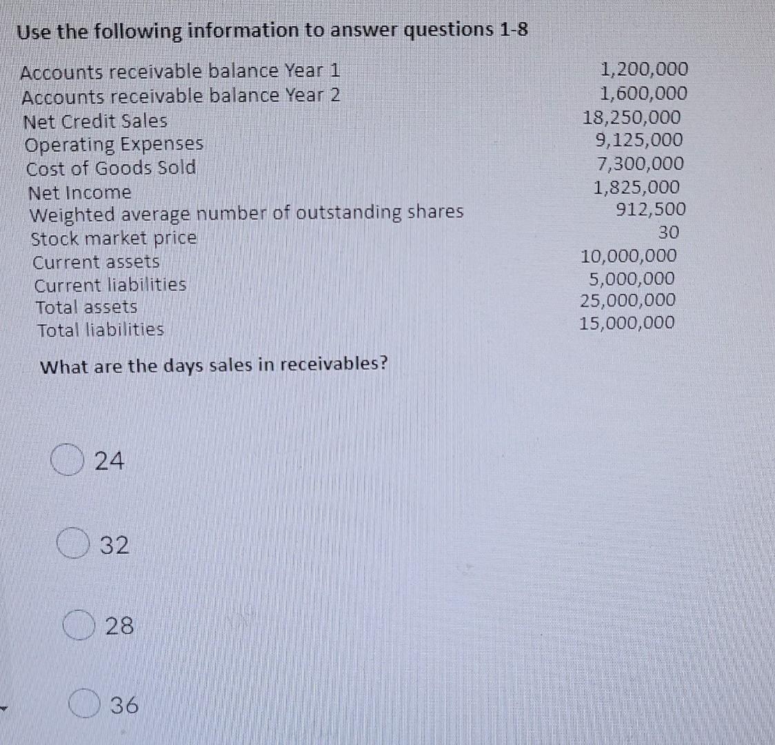 Use The Following Information To Answer Questions 1 8 Accounts Receivable Balance Year 1 Accounts Receivable Balance Yea 4