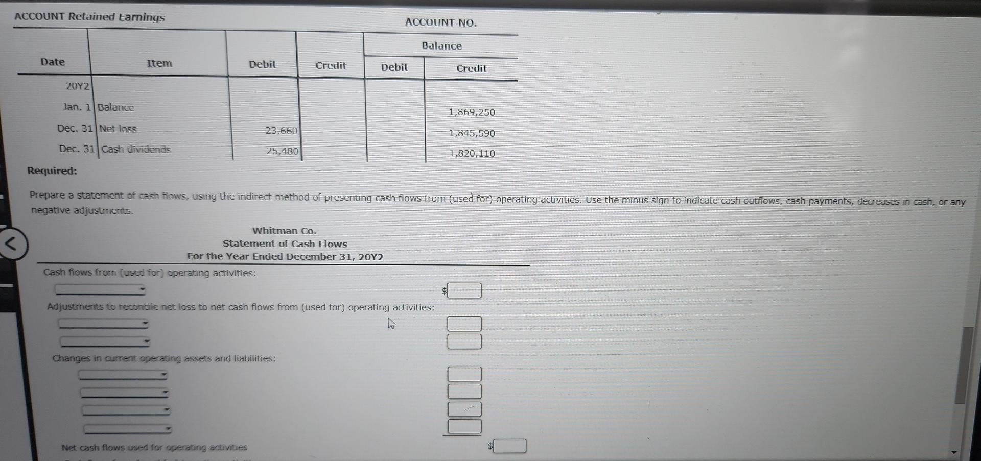 Statement Of Cash Flows The Comparative Balance Sheet Of Whitman Co At December 31 20y2 And 20y1 Is As Follows Dec 5