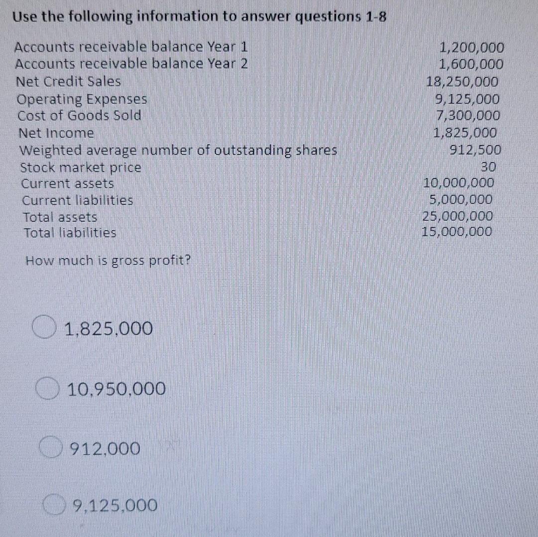 Use The Following Information To Answer Questions 1 8 Accounts Receivable Balance Year 1 Accounts Receivable Balance Yea 1