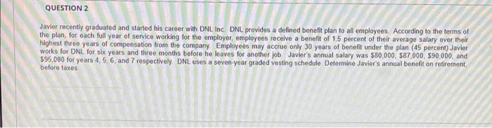 Question 2 Javier Recently Graduated And Started His Career With Dnl Inc Dnl Provides A Defined Benefit Plan To All Emp 1