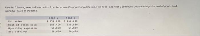 Use The Following Selected Information From Letterman Corporation To Determine The Year 1 And Year 2 Common Size Percent 1