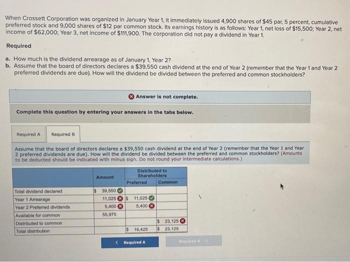 When Crossett Corporation Was Organized In January Year 1 It Immediately Issued 4 900 Shares Of 45 Par 5 Percent Cum 1