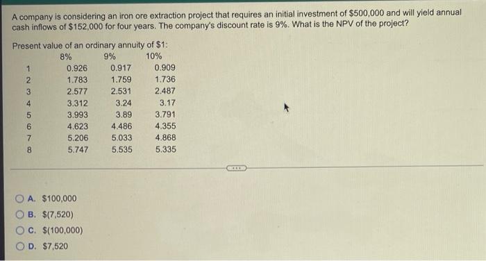 A Company Is Considering An Iron Ore Extraction Project That Requires An Initial Investment Of 500 000 And Will Yield A 1