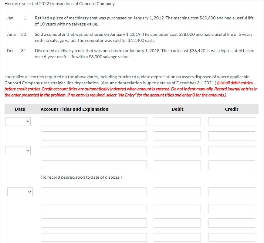 Here Are Selected 2022 Transactions Of Concord Company Jan 1 Retired A Piece Of Machinery That Was Purchased On Januar 1