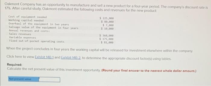 Oakmont Company Has An Opportunity To Manufacture And Sell A New Product For A Four Year Period The Company S Discount 1