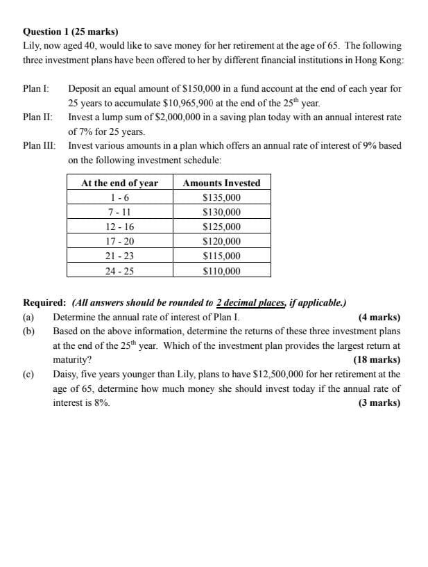 Question 1 25 Marks Lily Now Aged 40 Would Like To Save Money For Her Retirement At The Age Of 65 The Following Thr 1