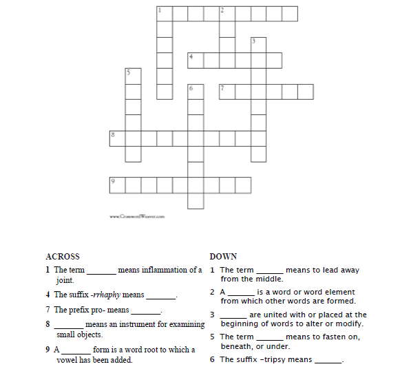 Www Com Across Down 1 The Term Means Inflammation Of A 1 The Term Means To Lead Away Joint From The Middle 4 The Suffix 1