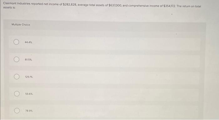 Clairmont Industries Reported Net Income Of 282 828 Average Total Assets Of 637 000 And Comprehensive Income Of 354 1