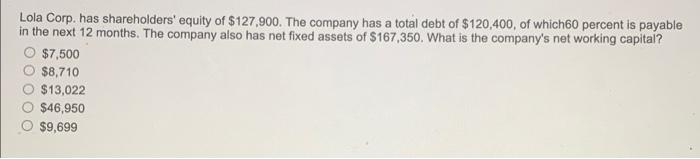 Lola Corp Has Shareholders Equity Of 127 900 The Company Has A Total Debt Of 120 400 Of Which 60 Percent Is Payabl 1