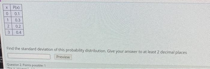 X P X 0 0 1 0 3 2 0 2 3 0 4 Find The Standard Deviation Of This Probability Distribution Give Your Answer To At Least 1