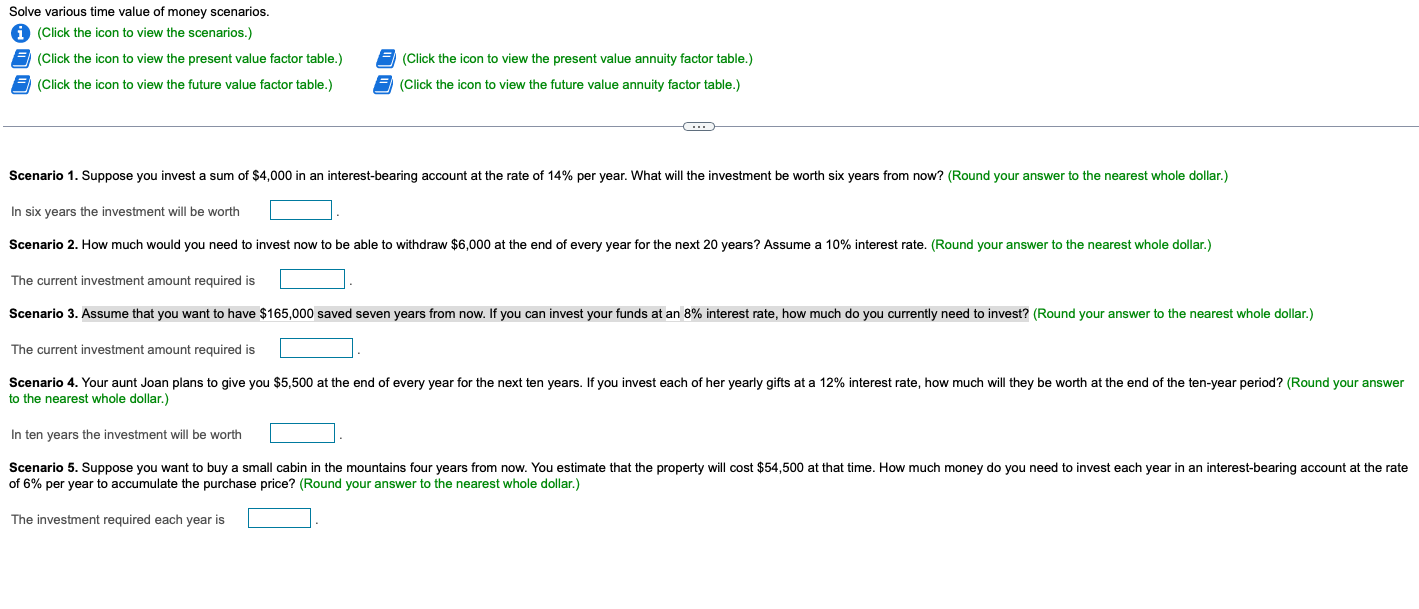 Solve Various Time Value Of Money Scenarios I Click The Icon To View The Scenarios Click The Icon To View The Prese 1