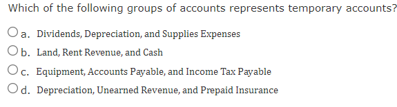 Which Of The Following Groups Of Accounts Represents Temporary Accounts Oa Dividends Depreciation And Supplies Expen 1