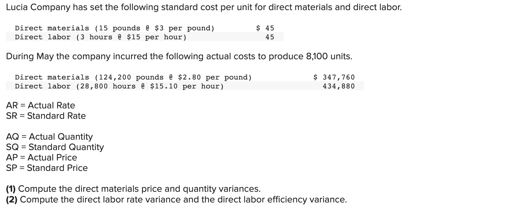 Lucia Company Has Set The Following Standard Cost Per Unit For Direct Materials And Direct Labor 45 Direct Materials 1