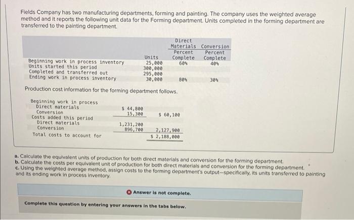 Fields Company Has Two Manufacturing Departments Forming And Painting The Company Uses The Weighted Average Method And 1