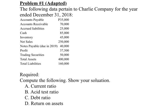 Problem 1 Adapted The Following Data Pertain To Charlie Company For The Year Ended December 31 2018 Accounts Payabl 1