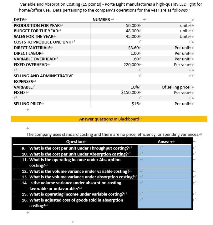 Variable And Absorption Costing 15 Points Porta Light Manufactures A High Quality Led Light For Home Office Use Dat 1