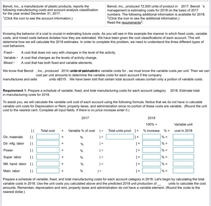 Prepare A Schedule Of Variable Fixed And Total Manufacturing Costs For Each Account Category In 2018 Estimate Total M 2