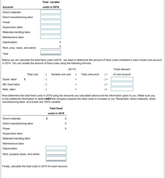 Prepare A Schedule Of Variable Fixed And Total Manufacturing Costs For Each Account Category In 2018 Estimate Total M 3