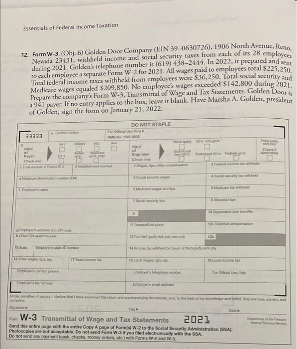 Essentials Of Federal Income Taxation 12 Form W 3 Obj 6 Golden Door Company Ein 39 0630726 1906 North Avenue R 5