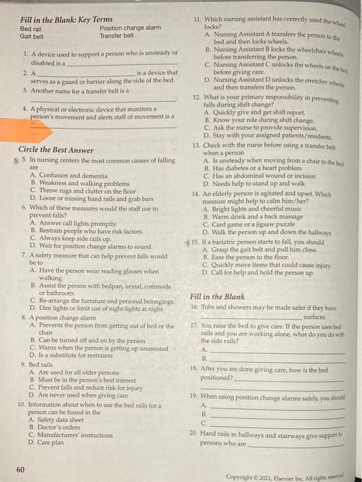 Fill In The Blank Key Terms Bed Rail Position Change Alarm Gait Belt Transfer Bolt 1 A Device Used To Support A Person 1