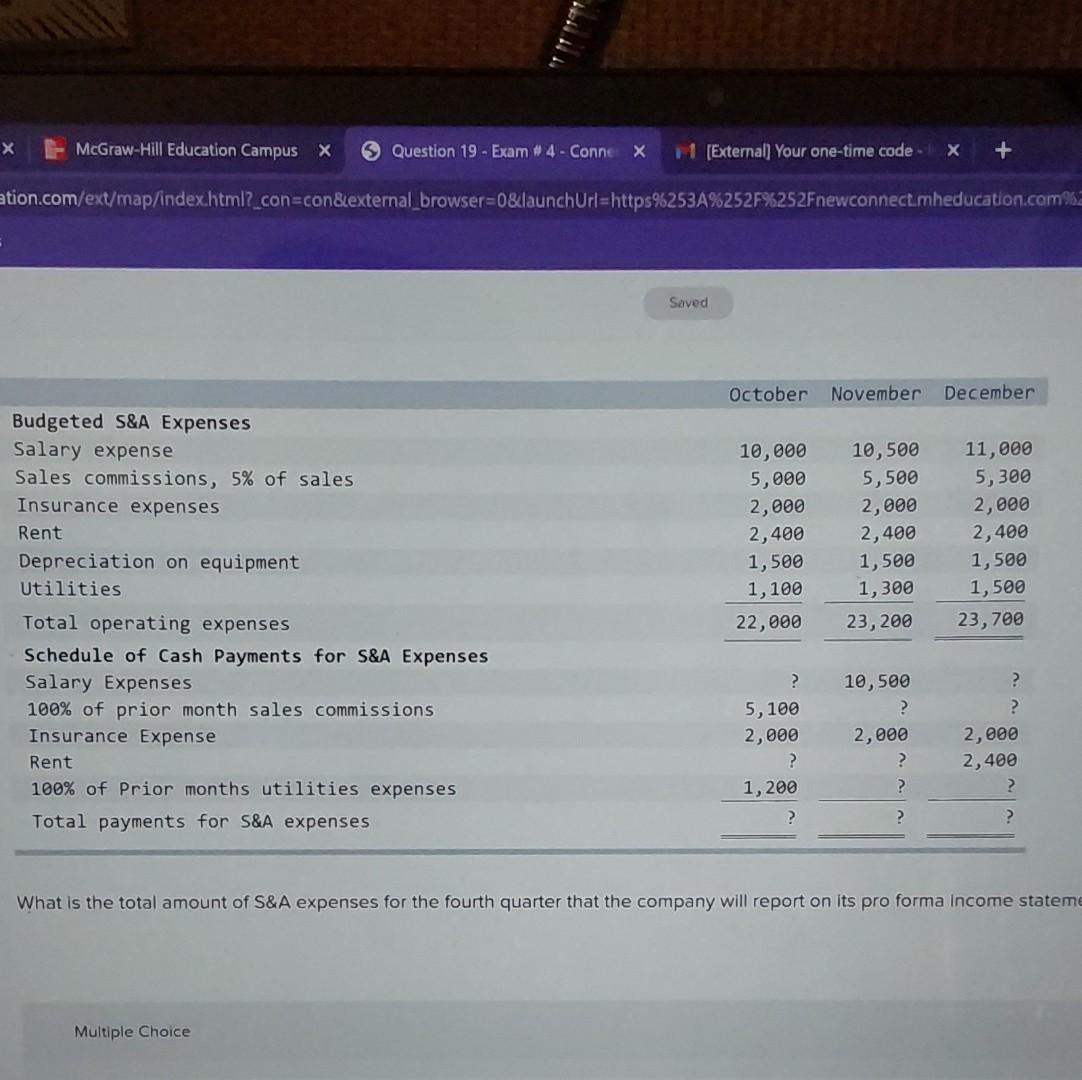 X Mcgraw Hill Education Campus X Question 19 Exam 4 Conner X M External Your One Time Code X Ation Com Ext Map 1