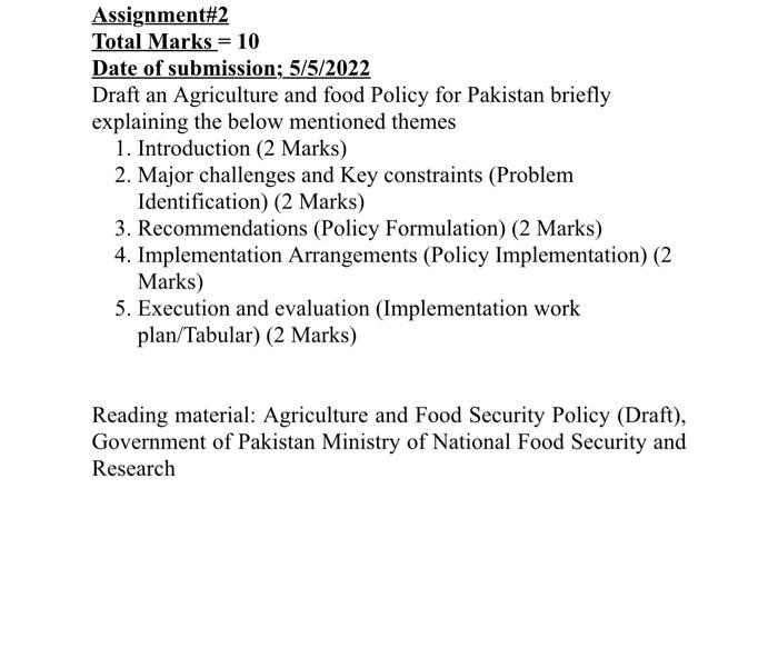 Assignment 2 Total Marks 10 Date Of Submission 5 5 2022 Draft An Agriculture And Food Policy For Pakistan Briefly Ex 2