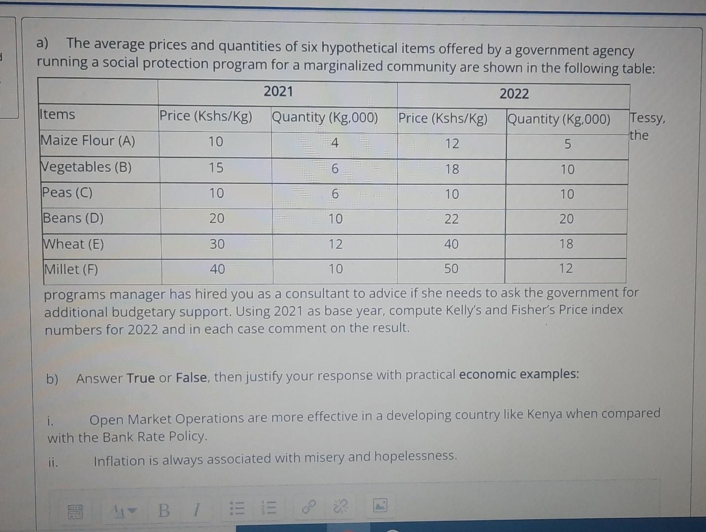 D A The Average Prices And Quantities Of Six Hypothetical Items Offered By A Government Agency Running A Social Protect 1