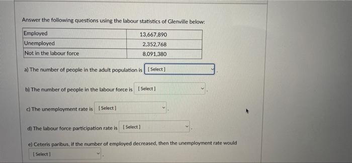 Answer The Following Questions Using The Labour Statistics Of Glenville Below Employed 13 667 890 Unemployed 2 352 768 1
