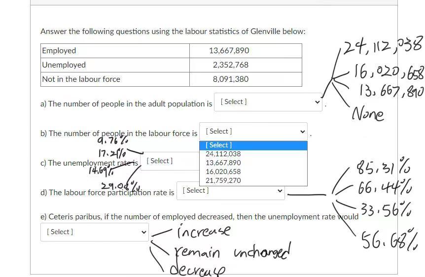 Answer The Following Questions Using The Labour Statistics Of Glenville Below Employed 13 667 890 Unemployed 2 352 768 1