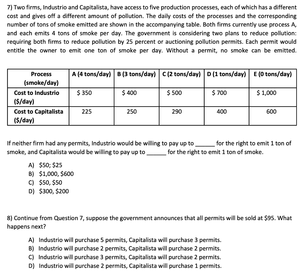 7 Two Firms Industrio And Capitalista Have Access To Five Production Processes Each Of Which Has A Different Cost An 1