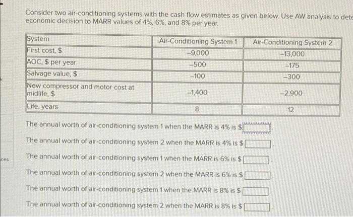 Ces Consider Two Air Conditioning Systems With The Cash Flow Estimates As Given Below Use Aw Analysis To Dete Economic 1