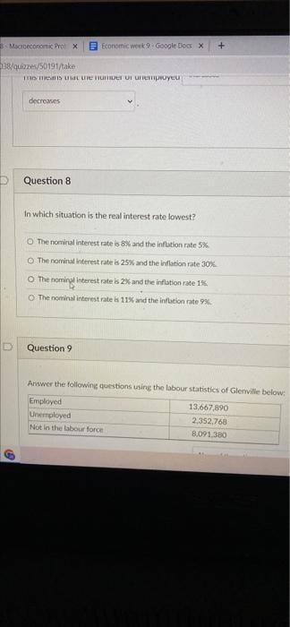Macroeconomic Pro X 138 Quizzes 50191 Take Economic Week 9 Google Docs X The Means Ucune Number Of Unemployeu Decreas 1