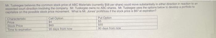 Mr Tuskegee Believes The Common Stock Price Of Abc Materials Currently 58 Per Share Could Move Substantially In Eith 1