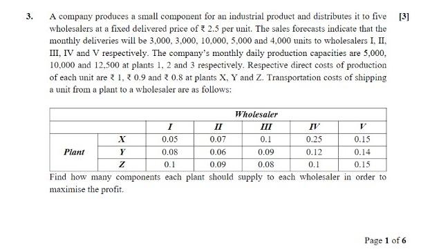 3 A Company Produces A Small Component For An Industrial Product And Distributes It To Five 3 Wholesalers At A Fixed 1