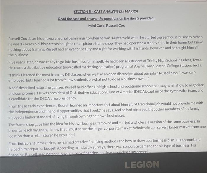 Section B Case Analysis 25 Marks Read The Case And Answer The Questions On The Sheets Provided Mini Case Russell Cox 1
