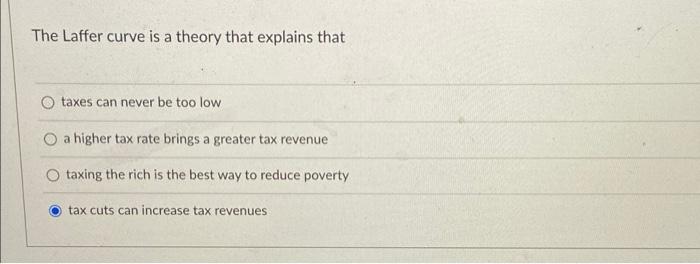 The Laffer Curve Is A Theory That Explains That Taxes Can Never Be Too Low O A Higher Tax Rate Brings A Greater Tax Reve 1